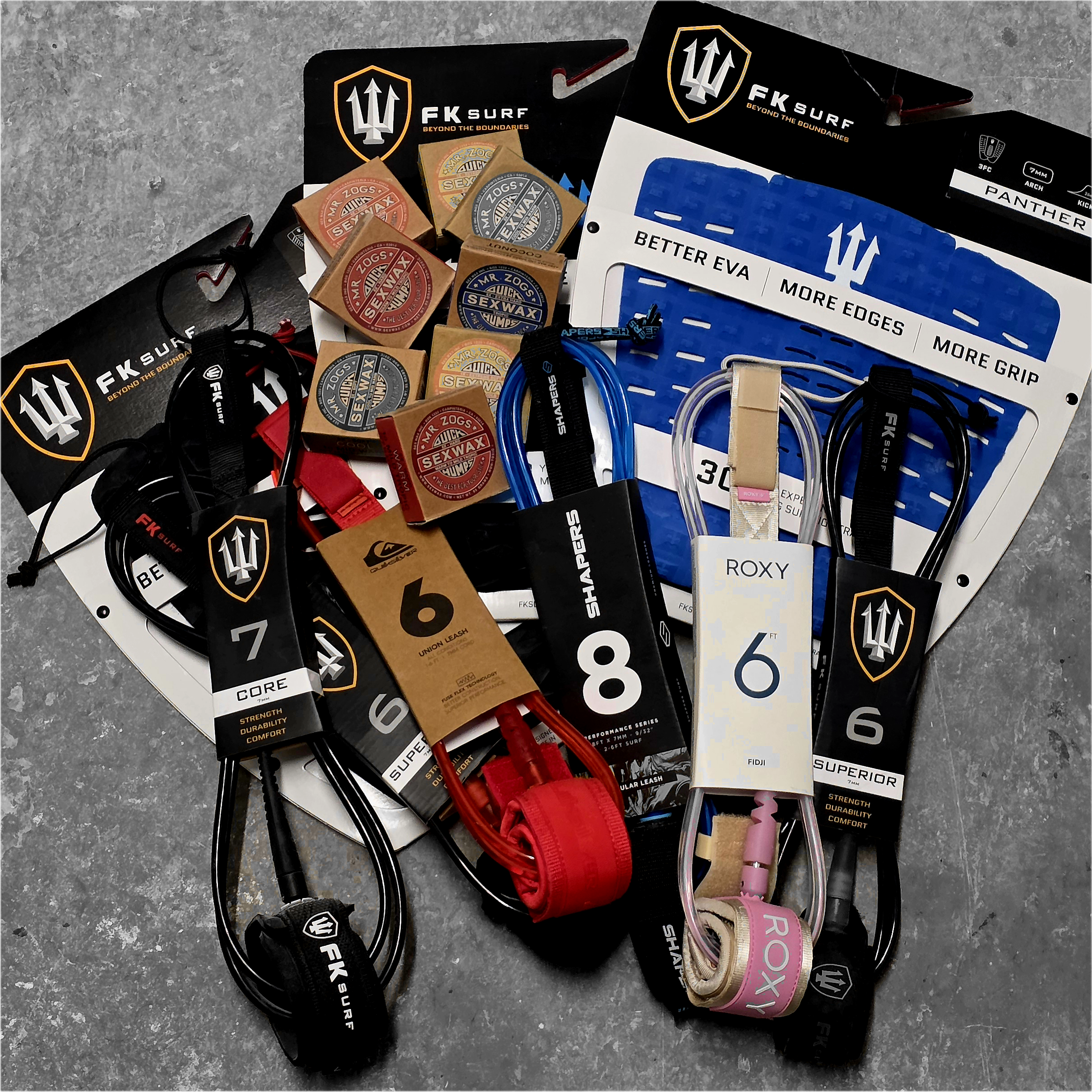 Pack de leashes, wax y grips en Sr.Shaper